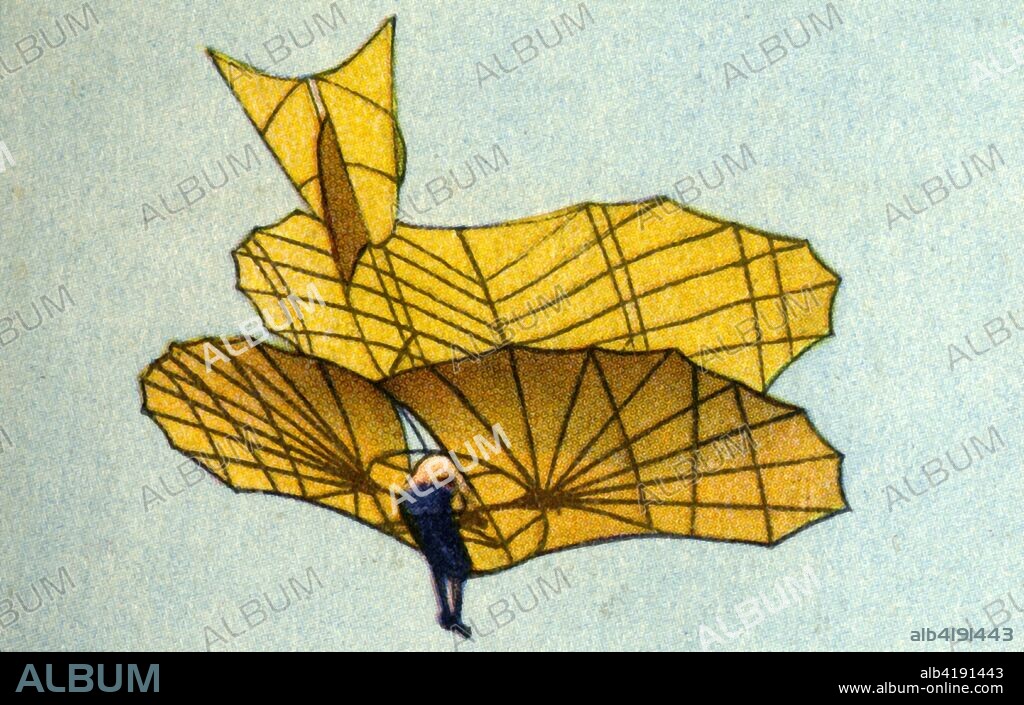Otto Lilienthal's glider, 1890s, (1932). German gliding pioneer and aeronautical inventor Otto Lilienthal (1848-1896) made about 2,000 flights before being killed in a crash. His designs influenced the Wright Brothers. From "Die Eroberung Der Luft", (The Conquest of the Air), cigarette card album produced by the Garbáty cigarette factory, 1932. Eugene and Moritz Garbáty, who were Jewish, were driven out of business by the Nazis in the late 1930s, and forced to sell their factory which lay empty for over 70 years. [Garbaty Cigarettenfabrik, Berlin-Pankow, 1932].