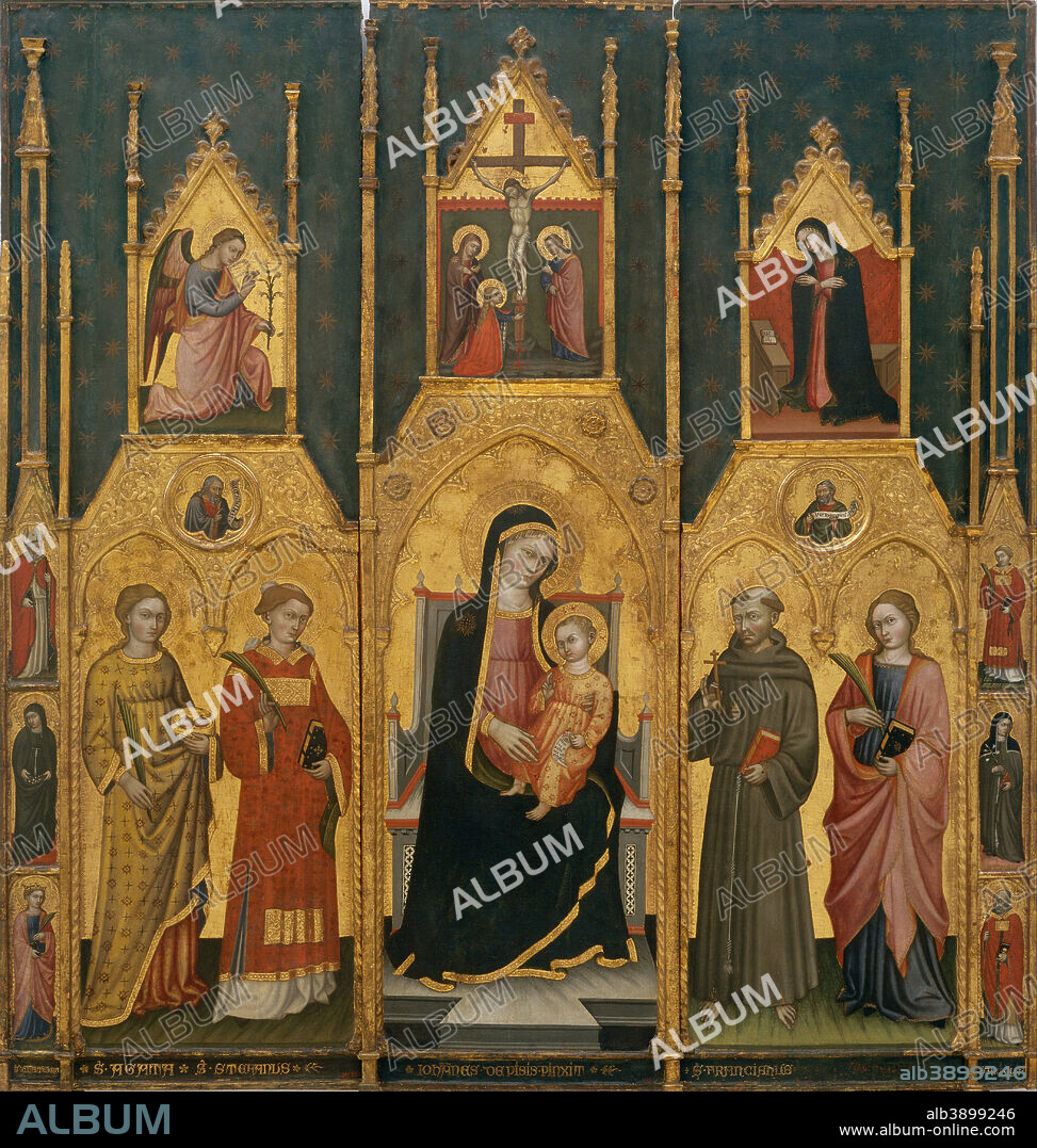 LO SPAGNA. Altarpiece of the Virgin with Saints Agatha, Stephen, Francis and a Martyr Saint. Date/Period: First quarter of 15th century. Painting. Tempera, stucco reliefs and gold leaf on wood. 222.4 × 211 × 7 cm (87.5 × 83 × 2.7 in).