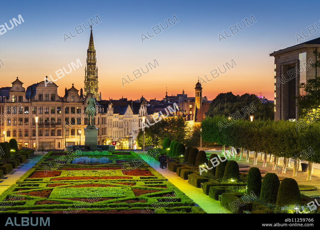 Cityscape at sunset, Mont des Arts Floodlit Garden, Brussels, Belgium, Europe.