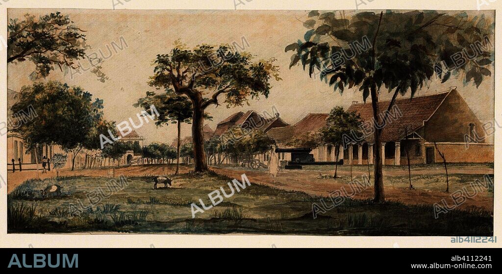 View of a Dutch settlement in Indonesia. Draughtsman: J. G. van der Does (signed by artist). Dating: 1843 - 1845. Measurements: h 147 mm × w 317 mm.