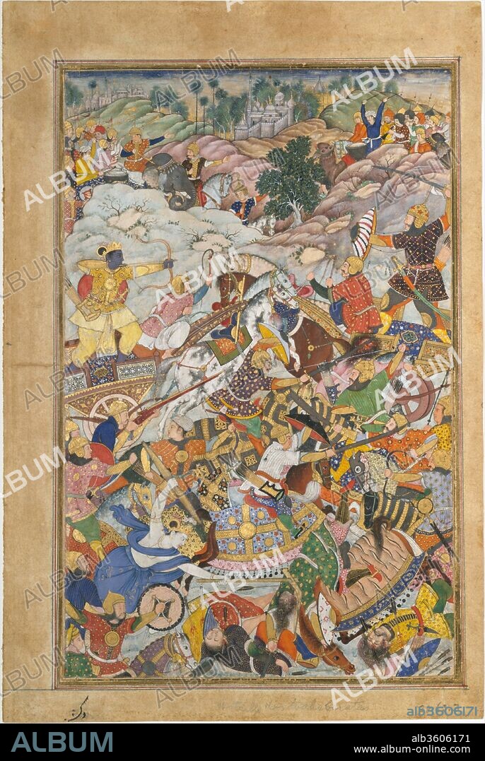 "Krishna and Balarma Fighting the Enemy", Folio from a Harivamsa (The Legend of Hari (Krishna)). Dimensions: Image: H. 12 in. (30.5 cm)
W. 7 3/4 in. (19.7 cm)
Page: H. 13 3/4 in. (34.9 cm)
 W. 9 1/8 in. (23.2 cm)
Mat: H. 19 1/4 in. (48.9 cm)
W. 14 1/4 in. (36.2 cm). Date: ca. 1590-95.
A flurry of warriors clash in this epic scene from the Persian translation of the Hindu classic, the Harivamsa. Krishna, on the left, stands in a chariot and is about to release an arrow. His arrow is intended for  a soldier in black and gold armour who stands in a chariot, wielding a shield and sword. Krishna is dressed in yellow garments, a body shield, and sports a crown. Below him, and closer to the left corner, is Balarama, who is fighting using his plow and pestle. He is dressed in blue, and wears a crown.  The combat scene is a melee of clashing swords, flying banners, and strewn bodies. The dynamic action of the battle scene is typical of the Akbar period, while the style of the rocks still shows dependence on Persian painting.