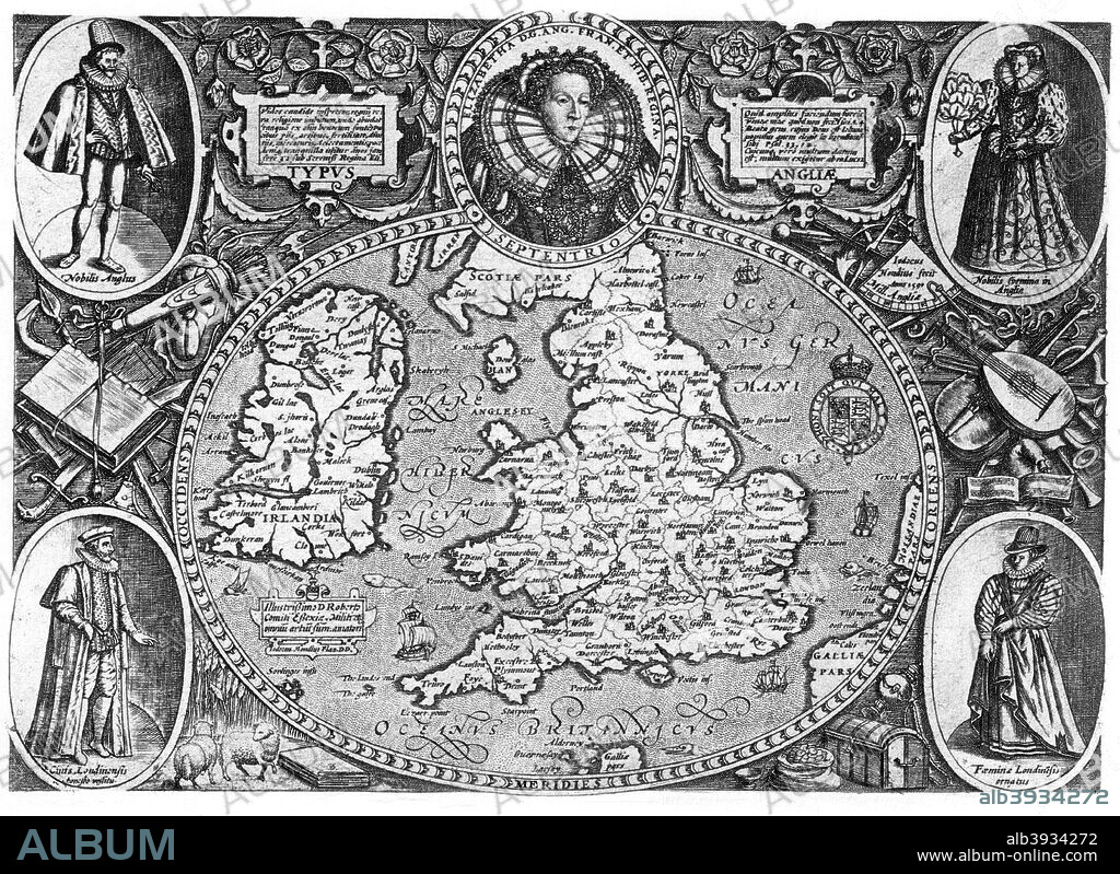 Map of Britain, 16th century, (1896). A map of England, Wales and Ireland featuring Queen Elizabeth I (1533-1603).