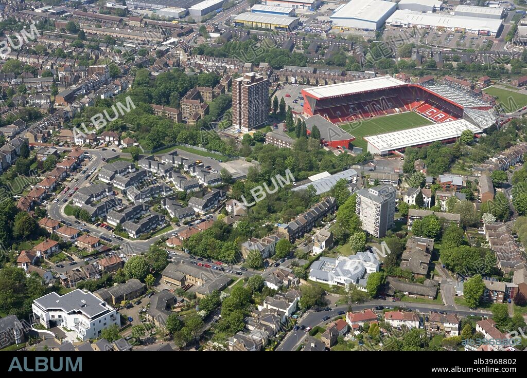 The Valley football ground, Charlton, London, 2008. Aerial view of the home of Charlton Athletic Football Club since 1919. After ground closure in 1985, Charlton moved back into a renovated stadium in 1992 and have since rebuilt three sides of the ground to offer a 27,000 capacity all-seater stadium.