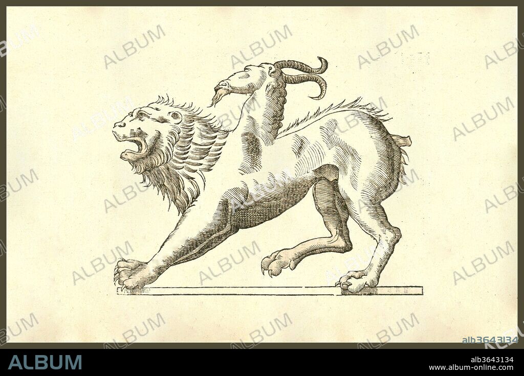 The Chimera was, according to Greek mythology, a monstrous fire-breathing hybrid creature of Lycia in Asia Minor, composed of the parts of more than one animal. Usually depicted as a lion, with the head of a goat arising from its back, and a tail that might end with a snake's head. Renaissance Woodcut monsters. From the 1642 book Monstrorum Historia by Ulisse Aldrovandi (Bologna, 1522-1605). He is considered the founder of modern Natural History., Ulisse Aldrovandi, 1642.
