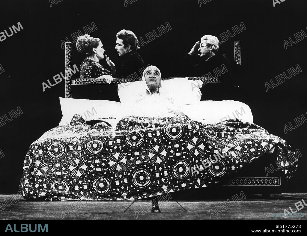 Erica Blanc, Gabriele Lavia, Mario Sciacca and Ettore Conti on stage. The Italian actors Erica Blanc, Gabriele Lavia, Mario Sciacca and Ettore Conti acting in the comedy 'Volpone' directed by Luigi Squarzina at the Teatro Argentina. Rome, 1977.