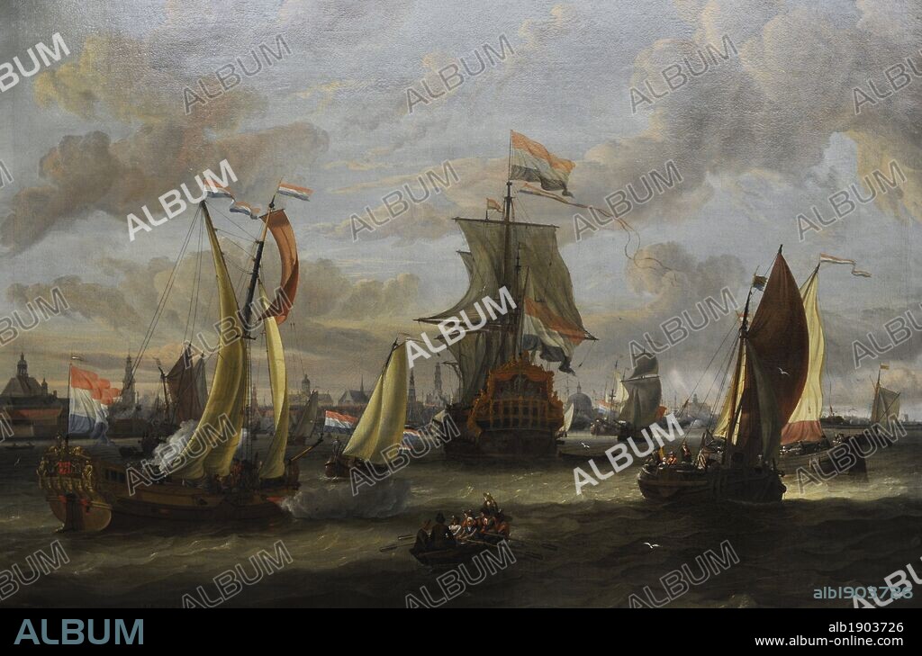 ARTE BARROCO. HOLANDES. ABRAHAM STORCK (o Sturckenburch) (1644, -Ámsterdam-1708, Ámsterdam). Pintor paisajista y de temas marinos de la época barroca. "Vista de Amsterdam desde la Bahía de Ij". Gemäldegalerie o Pinacoteca de Berlín. Kulturforum. Museos Nacionales de Berlín (Staatiche Museum). Alemania. Europa.