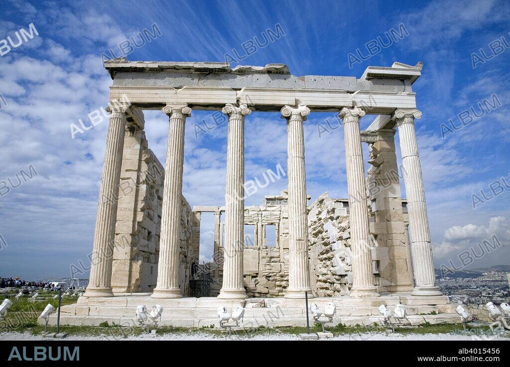 The Sanctuary of Athena, the Erechtheion, The Acropolis, Athens, Greece. The Erechtheion is an ancient Greek temple that was built in honour of the legendary King Erechtheus. The temple as seen today was built between 421-407 BC, and its architect may have been Mnesicles.