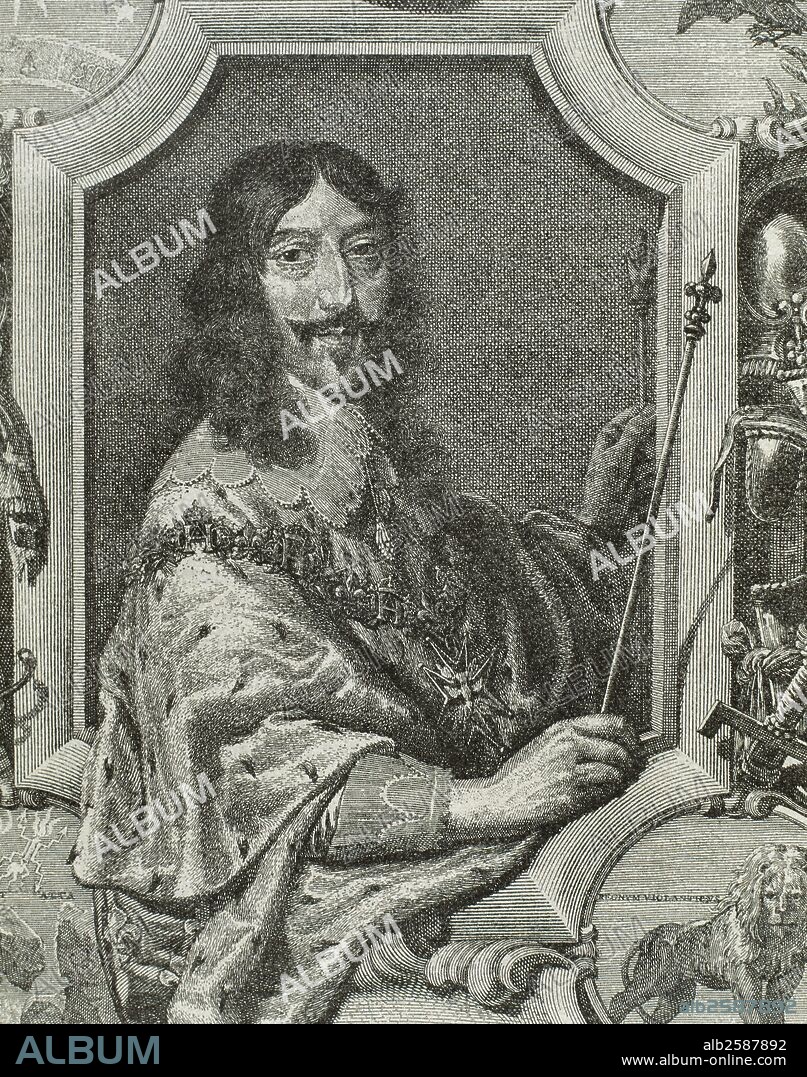 LUIS XIII "el Justo" (Fontainebleau, 1601-Saint Germain, 1643). Rey de Francia (1610-1643), hijo de Enrique IV. En 1615 casó con Ana de Austria. Grabado de "La Historia Universal" (1885) .