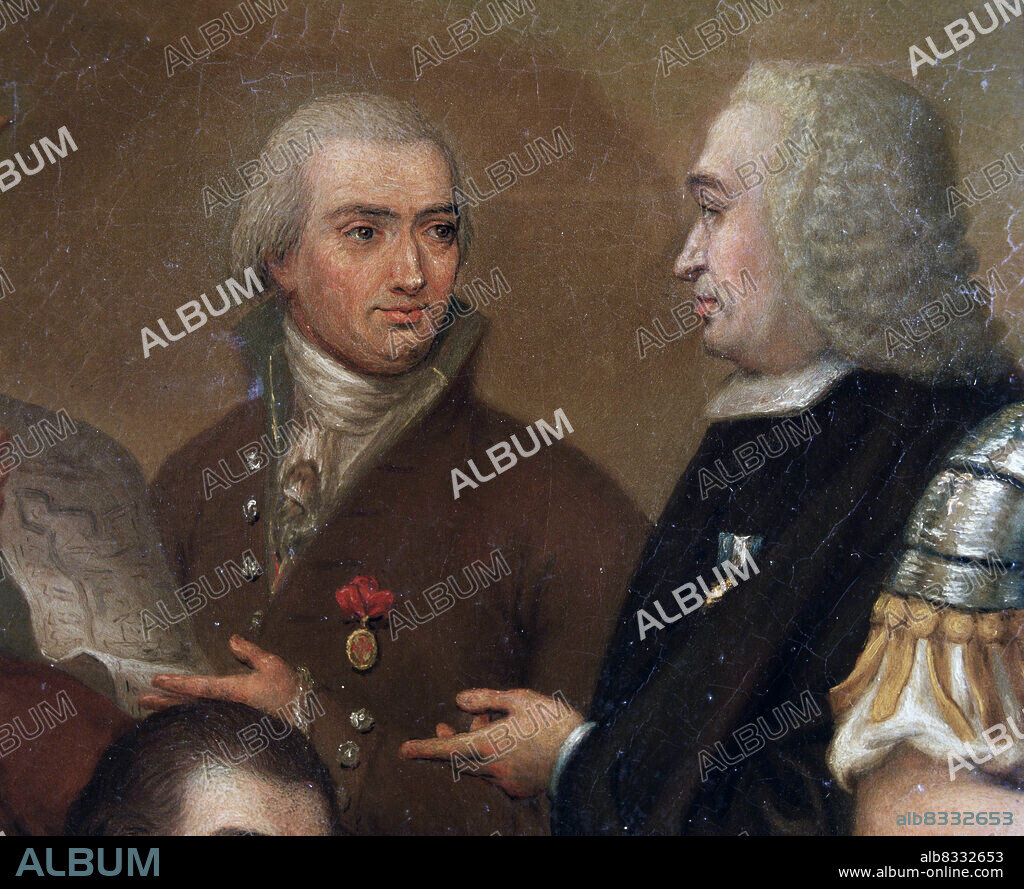 OLAVIDE , PABLO DE. POLITICO ESPAÑOL .- 1725 - 1803. DETALLE DEL CUADRO " CARLOS III CON LOS COLONOS DE SIERRA MORENA ". APARECE JUNTO A CAMPOMANES. OLEO DE J . GONZALEZ RIVERO.. MUSEO BELLAS ARTES SAN FERNANDO . MADRID.
