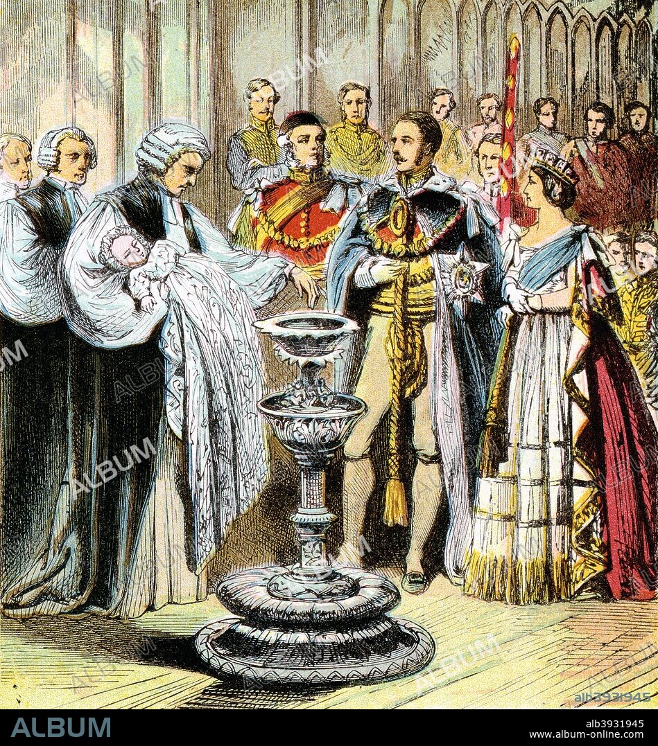 'Baptism of Prince of Wales', 1842 (c1850s). The future King Edward VII was born in 1841 and christened Albert Edward in St George's Chapel, Windsor on 25 January 1842. Colour plate taken from the book Pictures of English History, George Routledge And Sons, (London, New York, c1850).