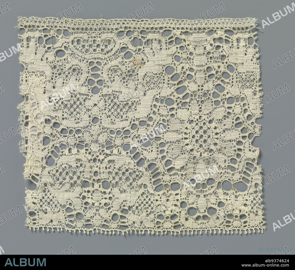Strip of machine-made lace with sunflower and candelabrum motif with feathered leaf curls, Strip of machine-made lace: machine-made Binche lace. The symmetrical pattern is formed by a hanging sunflower or daisy next to a candelabra-like motif composed of curling feathered leaves, with a crown at the top. The motifs have openwork borders and are connected by a machine braided ground. Several machine-made snowflake grounds were used as decorative grounds. The top and bottom of the strip are finished straight, with the bottom having picots., J. Gaillard, Calais, c. 1881, cotton (textile), length 9 cm × width 8 cm.