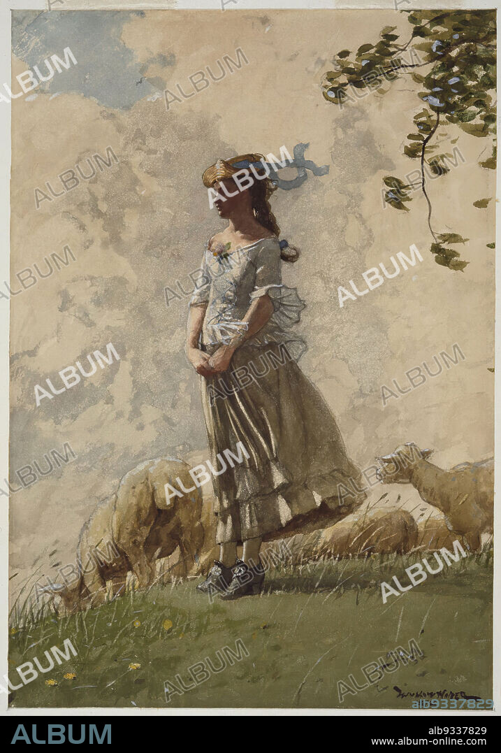 Fresh Air, Winslow Homer, American, 1836-1910, Watercolor heightened with white opaque watercolor, with scraping and selectively applied glaze, over charcoal on moderately thick, rough-textured wove paper, 1878, 20 1/16 x 14 in., 51 x 35.6 cm, 19thC, American, animals, bocolic, clouds, country scene, dress, female, female beauty, figure, grass, homer, lamb, landscape, leaves, pastoral, peace, ribon, serene, sheep, shepardess, sky, watercolor, wind, Winslow.
