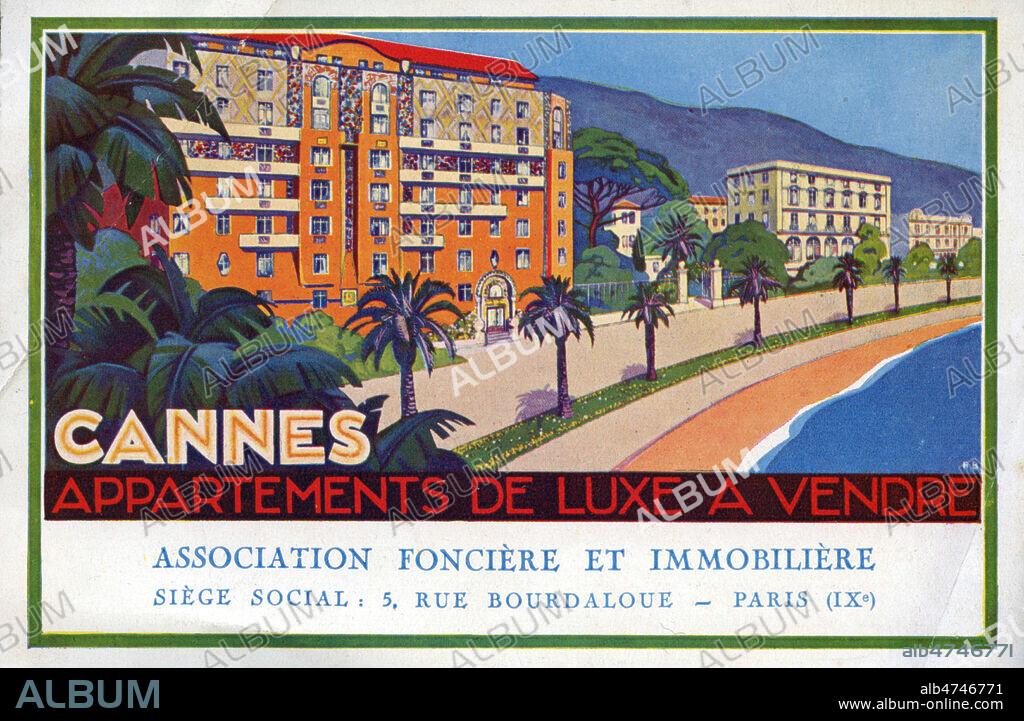 'Cannes. Appartements de luxe a vendre', dans le palais Alexandre III, pres de la Croisette. Publicite vers 1930 pour une agence immobiliere parisienne. Credit : Collection IM/KHARBINE-TAPABOR.