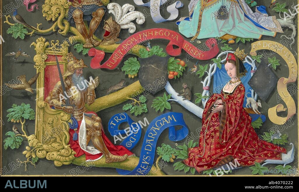 SIMON BENING. Genealogy of Kings of Navarre. The Portuguese Genealogy / Genealogia dos Reis de Portugal. S. Netherlands (Bruges), 1530-1534. (Detail) A king seated on his throne; a lady kneeling in front of him. Image taken from The Portuguese Genealogy / Genealogia dos Reis de Portugal. Source: Add. 12531, f.4. Language: Portuguese.