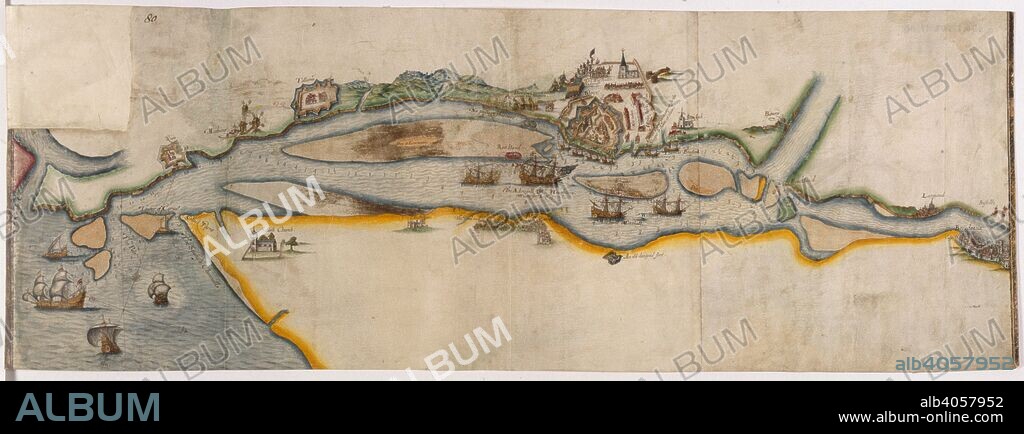 Map representing the course of the river Garonne from Bordeaux to the sea, with the town of Blaye besieged. 1593. Source: Cotton Augustus I.ii.80.