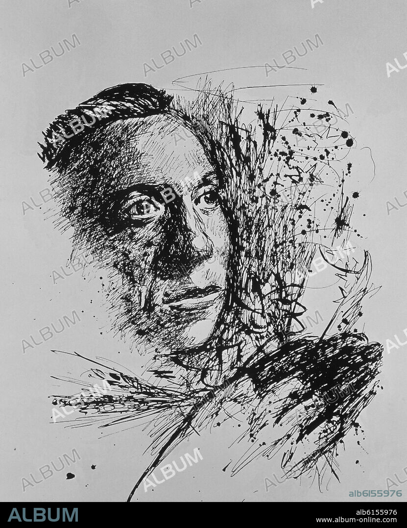 GREGORIO PRIETO. RETRATO DE MIGUEL HERNANDEZ (1910-1942) - POETA ESPAÑOL - 1955-1960 - TINTA SOBRE PAPEL - 45 x 34 cm.