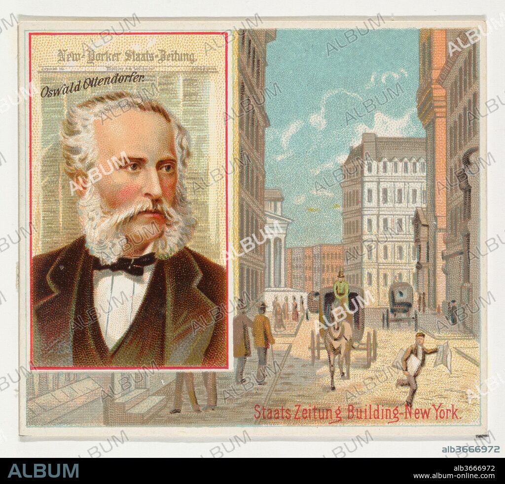 Oswald Ottendorfer, New Yorker Staats-Zeitung, from the American Editors series (N35) for Allen & Ginter Cigarettes. Dimensions: Sheet: 2 7/8 x 3 1/4 in. (7.3 x 8.3 cm). Publisher: Issued by Allen & Ginter (American, Richmond, Virginia). Date: 1887.
Trade cards from the "American Editors" series (N35), issued in 1887 in a set of 50 cards to promote Allen & Ginter brand cigarettes. This series is a physically larger version of the "American Editors" set (N1), including the corresponding small card design with other pictorial matter added.