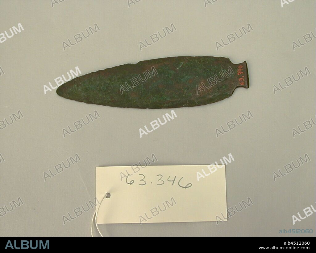 North American, Native American, Spearhead or Knife Blade, between 5000 and 1500 BCE, Copper, Overall: 5 3/8 × 1 1/2 × 1/8 inches (13.7 × 3.8 × 0.3 cm).