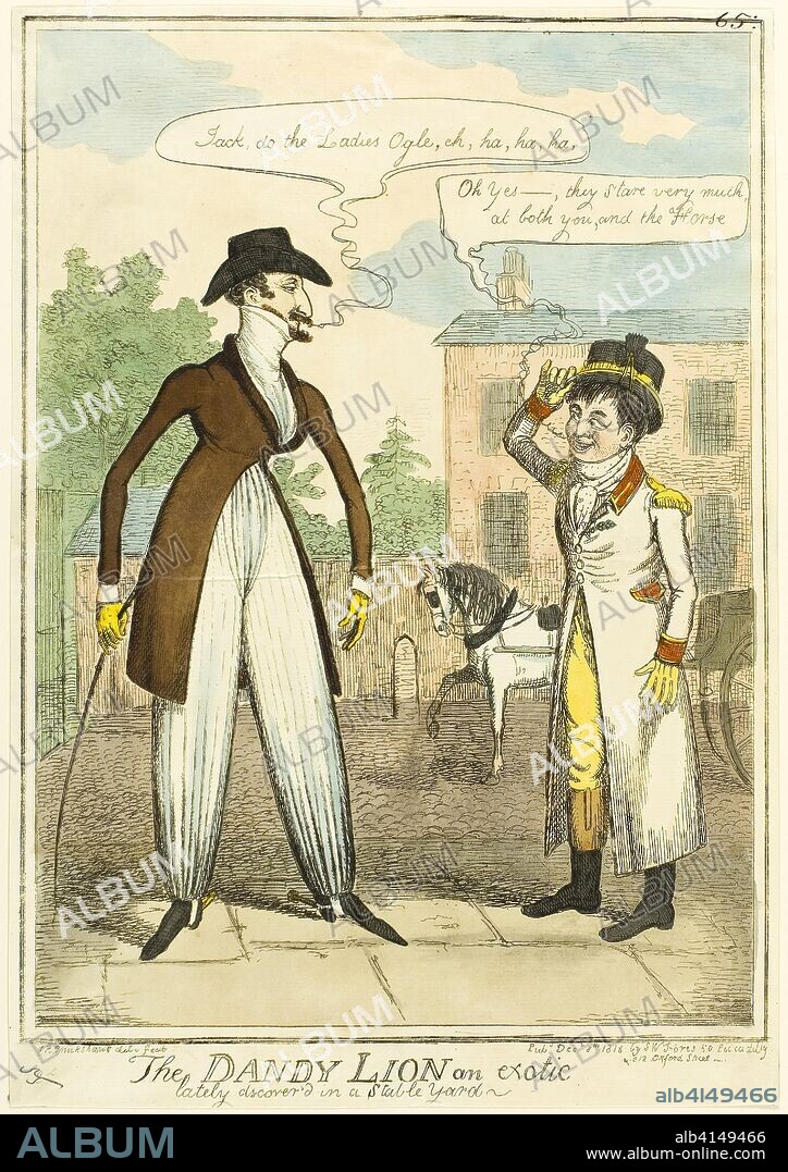 The Dandy Lion an Exotic lately Discovered in a Stable Yard. Isaac Robert Cruikshank (English, 1789-1856); published by S.W. Fores (English, 1761-1838). Date: 1818. Dimensions: 315 × 227 mm (image); 337 × 237 (sheet, cut within plate mark). Hand-colored etching on paper. Origin: England.