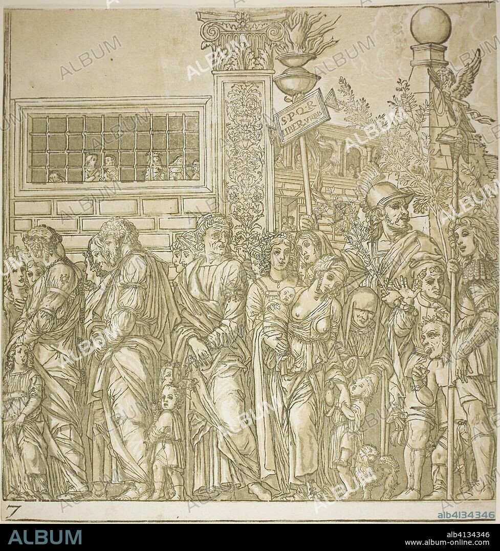 Triumph of Caesar. Andrea Andreani (Italian, 1558/59-1629); after Andrea Mantegna (Italian, 1431-1506). Date: 1599. Dimensions: 385 x 370 mm. Chiaroscuro woodcut from four blocks in black and light, medium and dark greenish gray on off-white laid paper. Origin: Italy.