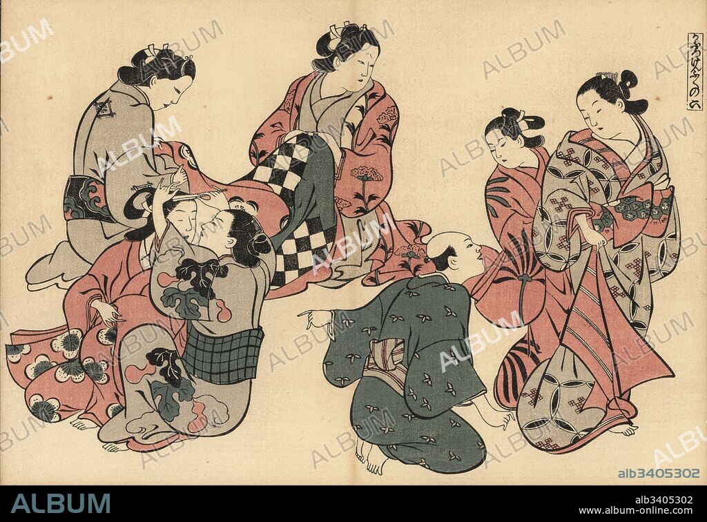The coming of age of a kamuro (kaburo genpuku no tei). Maids help a girl kamuro as she becomes a courtesan: sewing kimono, dressing her hair and fixing her obi. Woodblock print by Masanobu Okumura (1686-1764) from Fuzoku Emakimono, Picture Scroll of the Water Trade, Tokyo, reprint circa 1880.