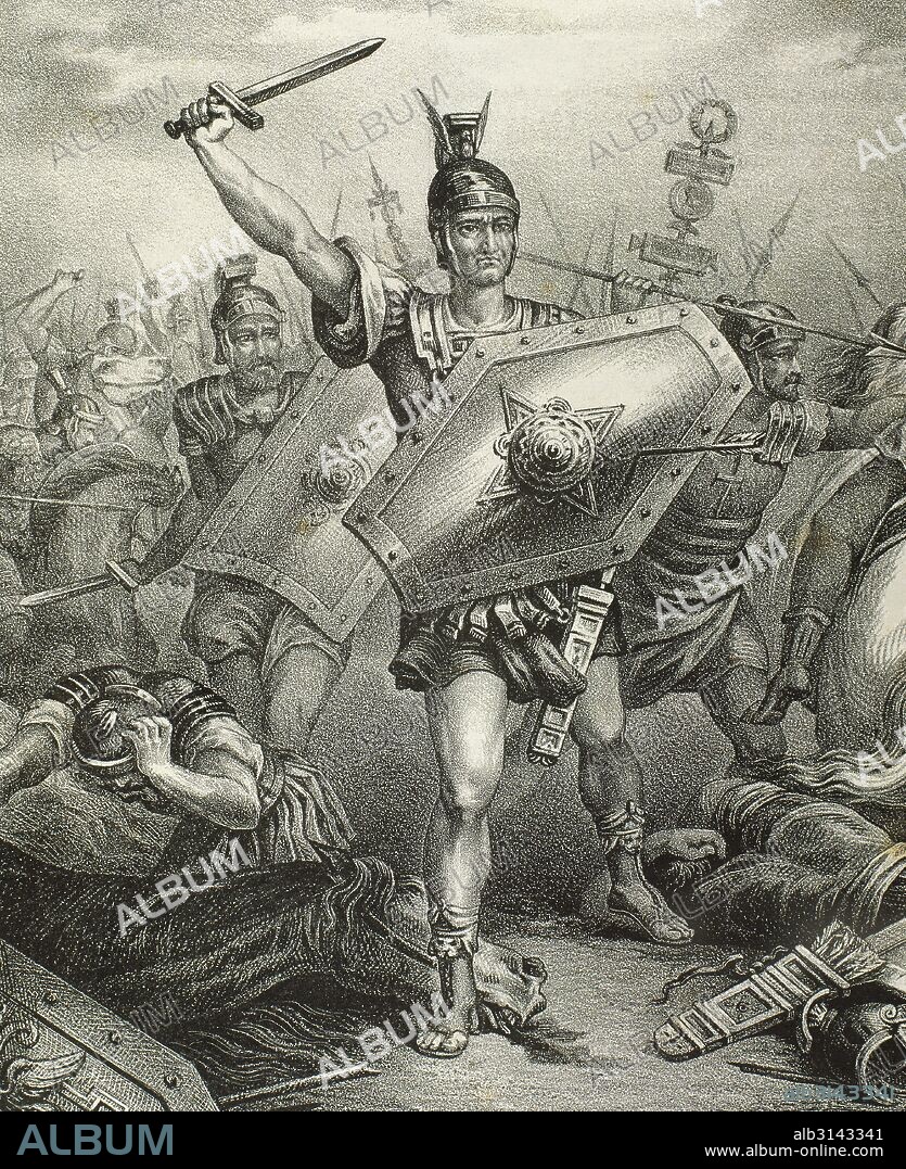 Caesar's Civil War. Gaius Julius Caesar (100-44 B.C), known as Julius Caesar, Roman politician, general, and author of Latin prose, in the Battle of Munda (45 B.C.) against the Optimates. Southern Hispania. Engraving by Serra in "Historia de Espana Ilustrada", 1871.