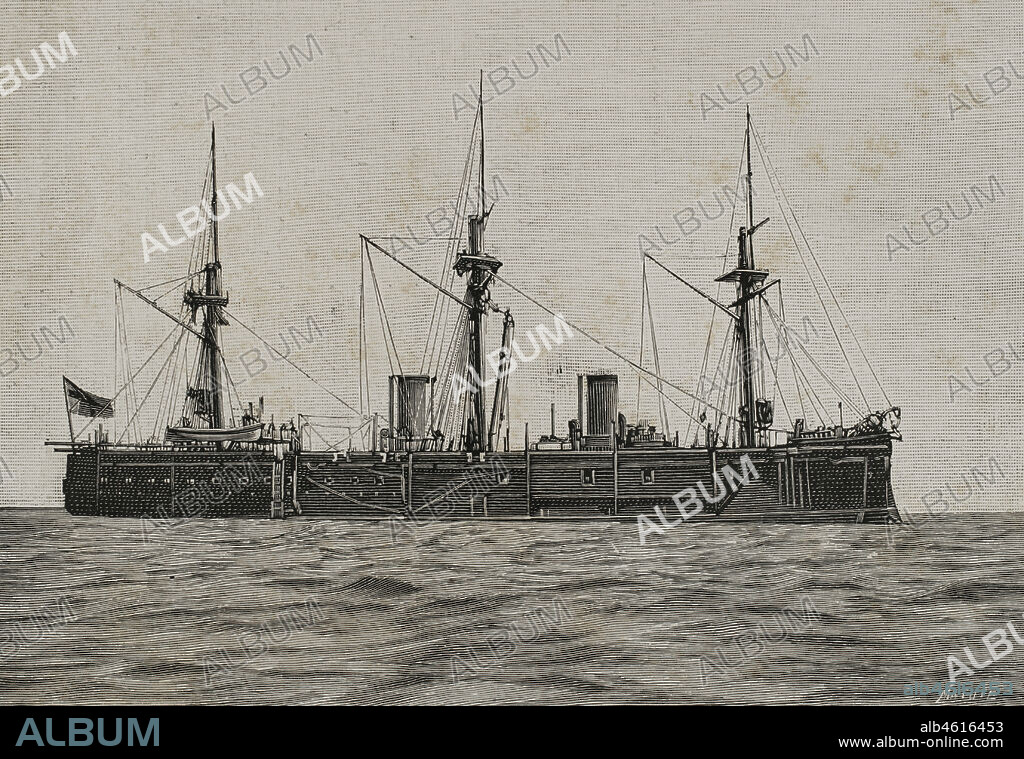The German East Asia Squadron. China. The Imperial German Navy battleship, Kaiser class, SMS Deutschland (1875-1904). It was assigned to the East Asia Squadron for three years. Engraving by Matute. La Ilustración Española y Americana, 1898.