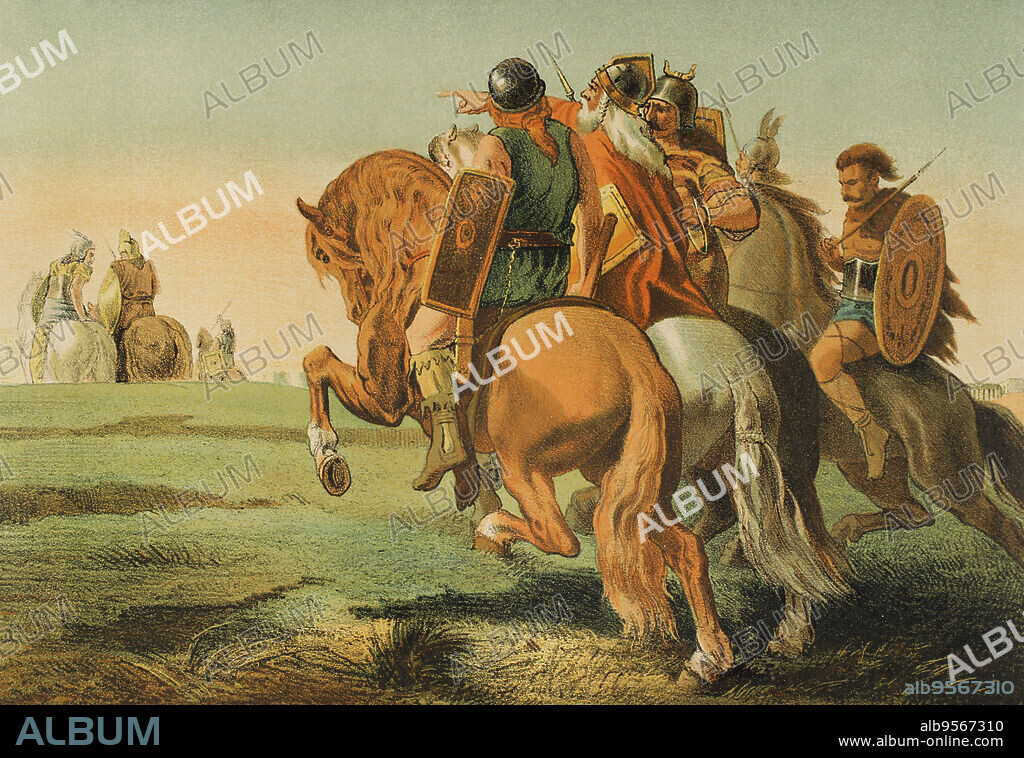 Historia antigua. Los bárbaros ante Roma. Cromolitografía. Historia Universal, por César Cantú. Tomo III, 1882.