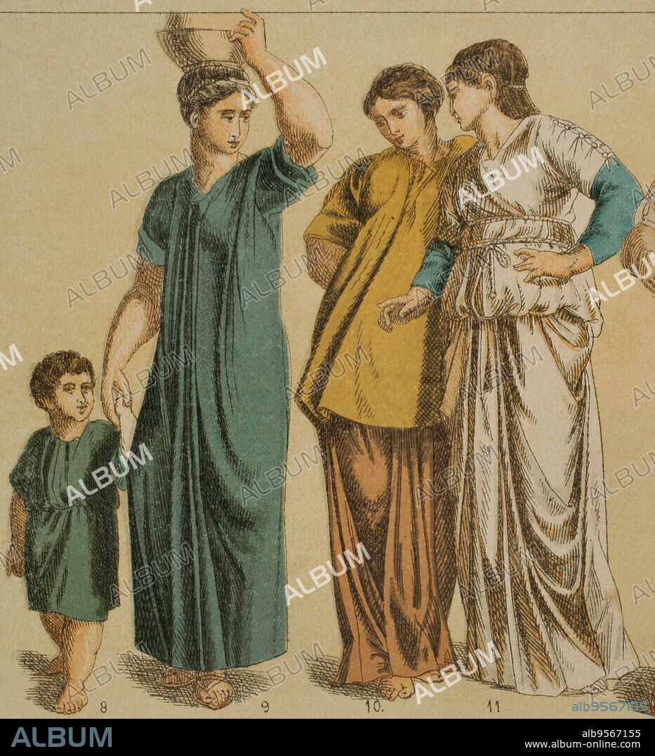 Epoca romana. Indumentaria. De izquierda a derecha: 8- Niño con túnica de manga corta, 9- túnica interior romana, 10- chaqueta romana para joven, 11- estola de mujer romana. Cromolitografía. Historia Universal, por César Cantú. Tomo II, 1881.
