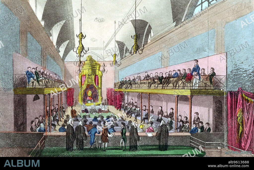 Trial of Queen Caroline in the House of Lords, London, 1820 (1821). Caroline of Brunswick-Wolfenbuttel (1768-1821) married the future King George IV of Great Britain in 1795.The marriage was a disaster, and Caroline lived estranged from her husband from 1796 onwards. When George ascended to the throne in 1820, Caroline returned to Britain, but George had already instigated divorce proceedings and she was barred from attending his coronation. From The Royal Exile: or, Memoirs of Queen Caroline by IH Adolphus, (London, 1821).