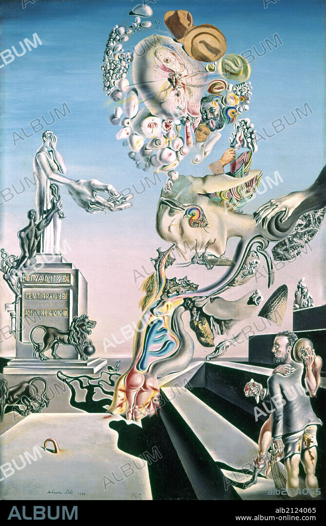SALVADOR DALÍ. Dismal game (Jeu Lugubre), by Salvador Dali, 1929, 20th Century, oil on canvas, 30,8 x 44,8 cm. Private collection. Whole artwork view. Surrealistic composition of various and metamorphic elements. In the foreground can be recognized a man and a woman hugging; a woman's face on the right and a statue on the left.