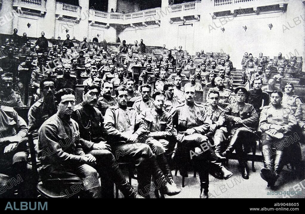 Petrograd Soviet of soldiers sitting in the Duma (Parliament); during the 1917 Russian revolution.