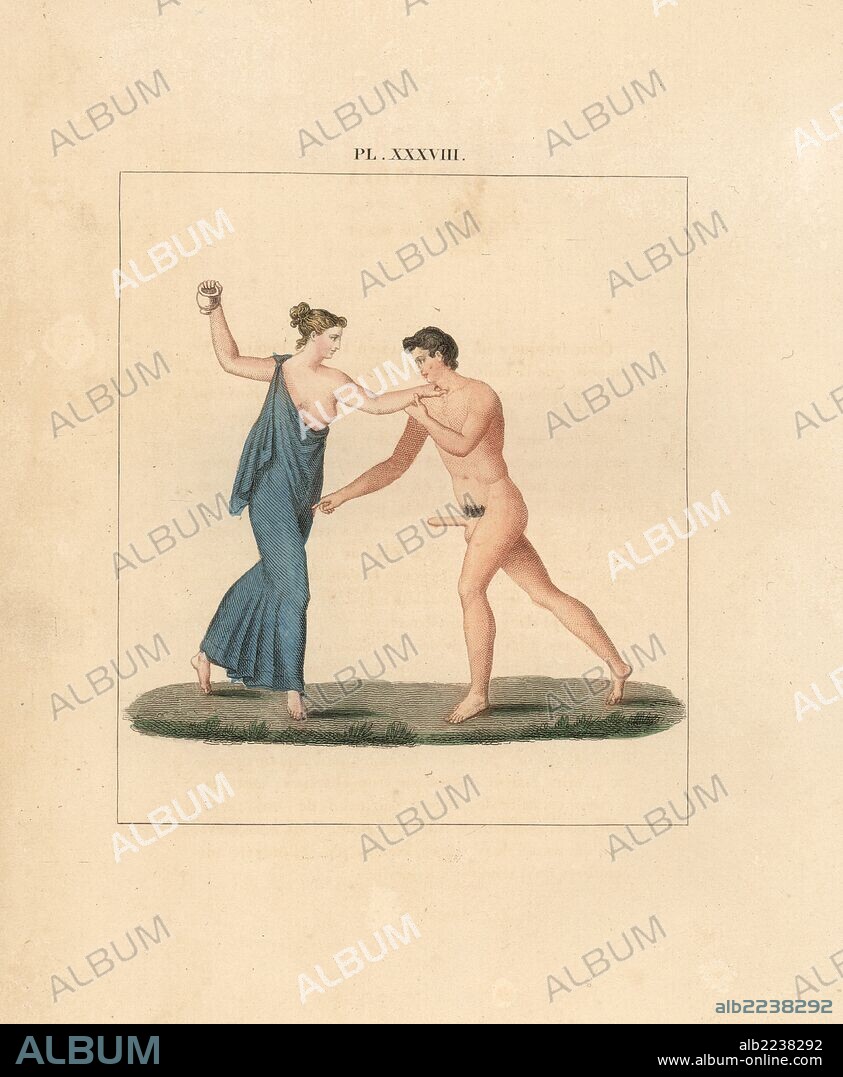 Fresco from Pompeii: A naked man with an erection attacks a woman who tries to fight him off with a vase. Handcoloured lithograph from Cesar Famin's "Musee royal de Naples (The Royal Museum at Naples)," Abel Ledoux, Paris, 1836. This rare volume is a catalog of the collection of erotic paintings, bronzes and statues excavated in Pompeii and Herculaneum and stored in a Secret Cabinet at Naples.