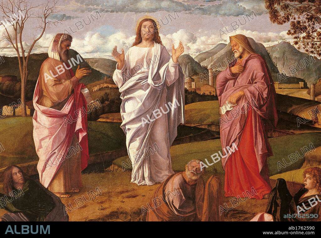 Transfiguration of Christ, by Giovanni Bellini, 1478-1479, 15th Century, oil on canvas, cm 115 x 154. Italy, Campania, Naples, Capodimonte National Museum and Galleries. Detail. Clouds tree hill grassland meadow Jesus Christ Elijah Elias Moses red tunics the Transfiguration apostles grassland meadow trees hills clouds. Authorization required for non editorial use.