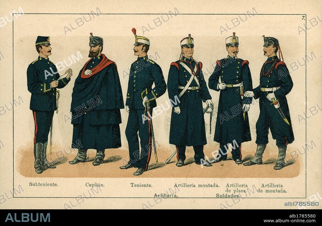 Uniformes del Ejército español. Año 1888. Artillería y Artillería de montaña.