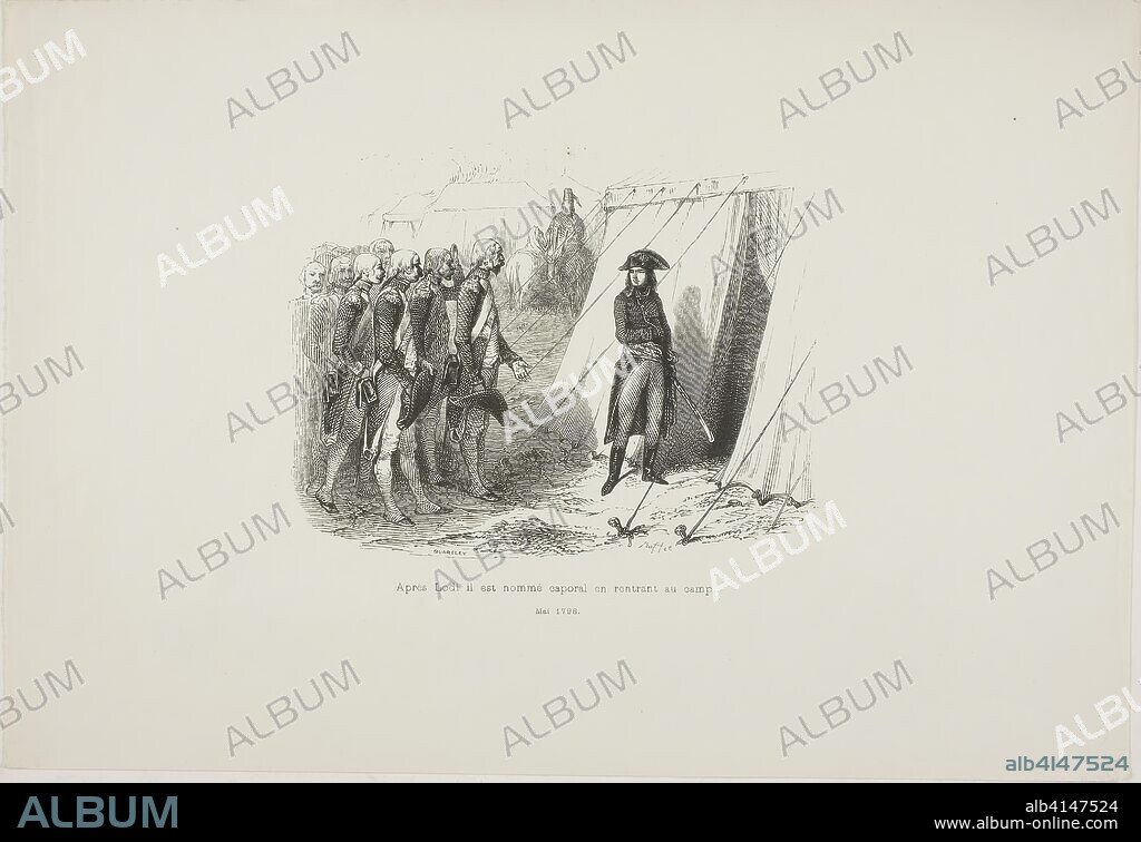 After Lodi, he is named corporal upon returning to camp. Quartley (19th century); after Denis Auguste Marie Raffet (French, 1804-1860); written by M. de Norvins (French, active 19th century); published Furne, Éditeur (French, active 19th century). Date: 1839. Dimensions: 97 × 125 mm (image); 184 × 265 mm (sheet). Wood engraving in black on ivory wove paper. Origin: France.