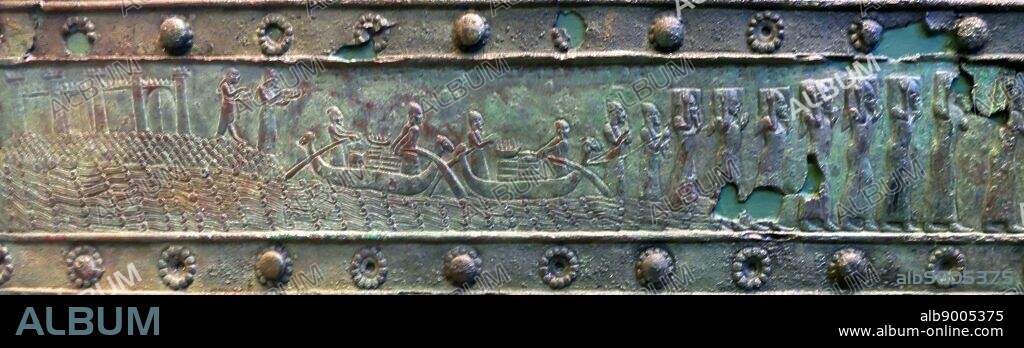 Relief cast in a Bronze band from the Balawat Gates. Balawat (ancient Imgur-Enlil), dating to the reigns of Ashurnasirpal II (r. 883-859 BC) and Shalmaneser III (r. 859-824 BC). Their extensive use of narrative art depicting the exploits of Assyrian kings has cemented their position as some of the most important surviving works of art of the Neo-Assyrian Empire, comparable to the extensive Assyrian palace reliefs. When the Neo-Assyrian Empire fell in 614-612 BC, Balawat was destroyed.