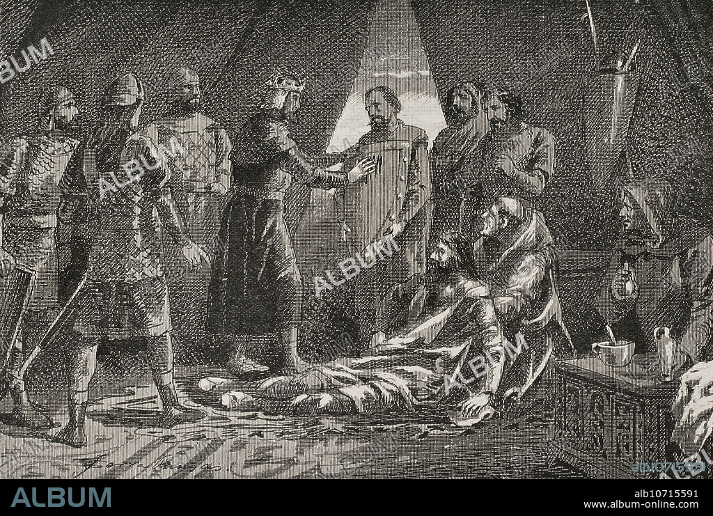 Leyenda de las cuatro barras de sangre. Mientras Wifredo I el Velloso (840-897) estaba agonizando, el rey Carlos II de Francia (823-877) le ofreció un escudo de armas, en agradecimiento a sus servicios. El rey mojó una de sus manos con la sangre de Wifredo y pasó cuatro dedos por encima del escudo dorado del conde, formando las cuatro barras. Grabado. "Glorias Españolas". Tomo II. Publicada en Barcelona, 1890.