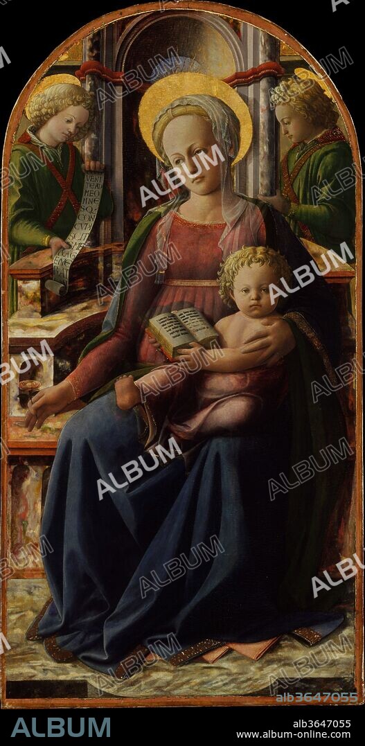 Madonna and Child Enthroned with Two Angels. Artist: Fra Filippo Lippi (Italian, Florence ca. 1406-1469 Spoleto). Dimensions: Arched top, 48 1/4 x 24 3/4 in. (122.6 x 62.9 cm). Date: ca. 1440.
The Virgin holds a rose as the Bride of Christ and is seated on the Throne of Wisdom. The scroll held by an angel reads: "Come over to me, all ye that desire me, and be filled with my fruits." (Ecclesiasticus 24:19) The picture is the center of an important triptych. Lippi was the most innovative painter in Italy and closely attentive to Netherlandish painting: notable here is his varied study of light and the active pose of the child, perhaps inspired by the sculpture of Donatello.
