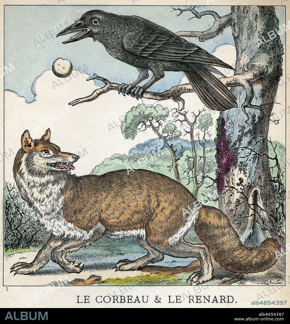 'Le corbeau et le renard' par Jean de LA FONTAINE (1621-1695). Illustration anonyme vers 1880. Imagerie Pellerin a Epinal. Credit: Collection Kharbine-Tapabor.