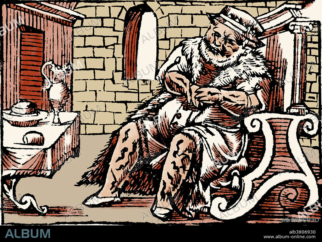 Woodcut of an obese man (Denis Heracleot) has placed many leeches on his arms and legs in an effort to reduce his weight. Bloodletting was based on an ancient system of medicine in which blood and other bodily fluid were considered to be humours the proper balance of which maintained health, but it often weakened sick patients. It was the most common medical practice performed by doctors from antiquity up to the late 19th century, a time span of almost 2,000 years. Leeches could also be used. The withdrawal of so much blood as to induce syncope (fainting) was considered beneficial, and many sessions would only end when the patient began to swoon. This image has been colour enhanced.
