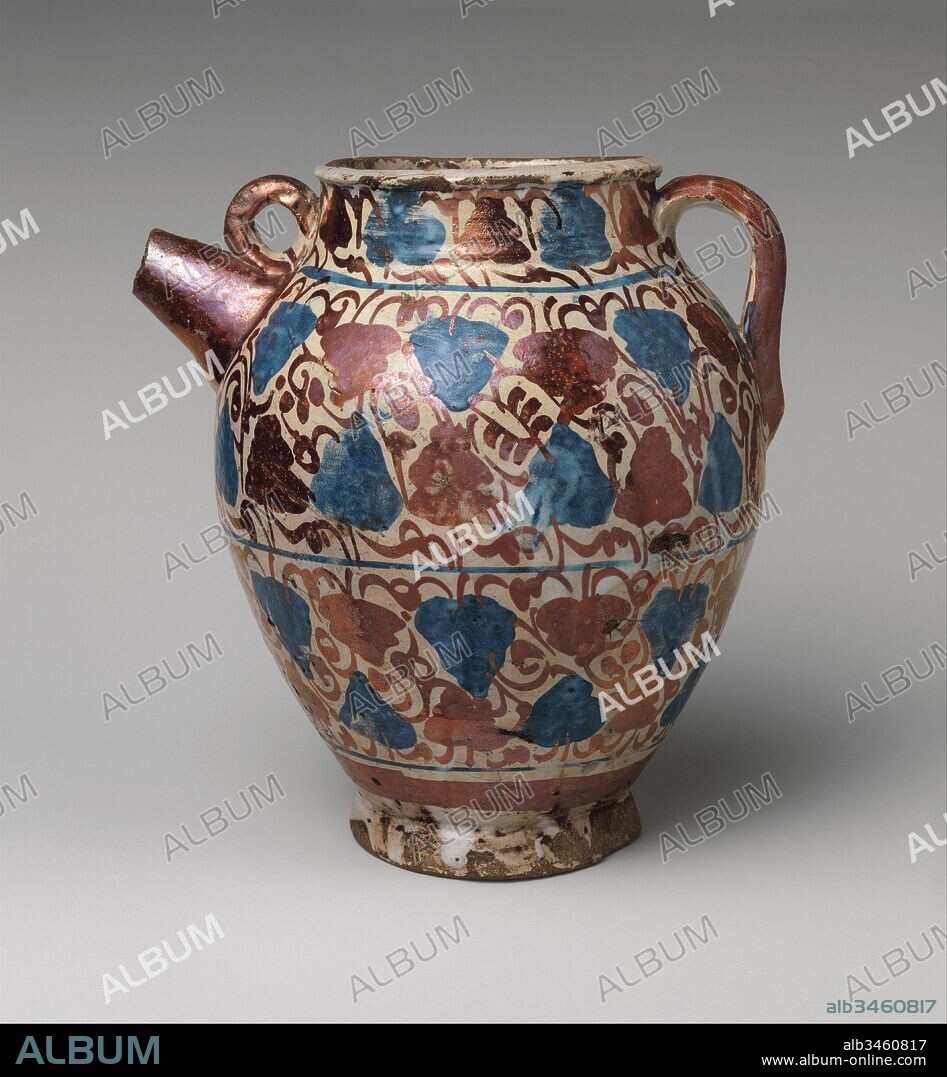 Jug, 1435–75, Made in probably Manises, Valencia, Spain, Spanish, Tin-glazed earthenware, Overall: 8 1/2 x 7 13/16 x 6 3/4 in. (21.6 x 19.9 x 17.2 cm), Ceramics, The ivy-leaf pattern was one of the most common motifs in fifteenth-century Valencian lusterware, which found a ready market in Italy and the Netherlands and can often be seen in paintings of the period.