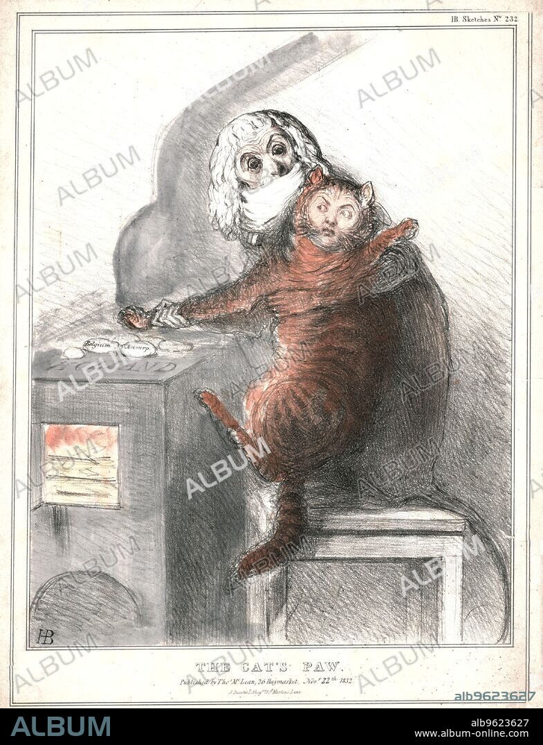 'The Cat's Paw', 1832. Charles Maurice de Talleyrand-Perigord, French ambassador to the United Kingdom, grapples with British prime minister Lord Palmerston, depicted as a cat. Talleyrand, who appears to have a rat's tail, holds the cat's paw over a hot stove, with the words 'Belgium' and 'Antwerp' written on hot coals. To make a cat's paw of someone means to use them as a tool or instrument to accomplish one's purpose. Satirical cartoon by 'H.B.' (John Doyle). [Thomas McLean, London, 1832].