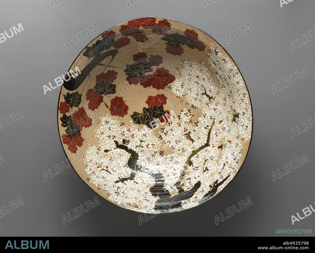 Takahashi Dhachi III, Large Bowl with Cherry Blossoms and Maple Leaves, Japan, Edo period (16151868), Takahashi Dhachi III (Japanese, 18111879), first half of the 19th century, Japan, Stoneware with underglaze iron, white slip, and polychrome overglaze enamels (Kyoto ware), Diam. 22 7/16 in. (57 cm), Ceramics.