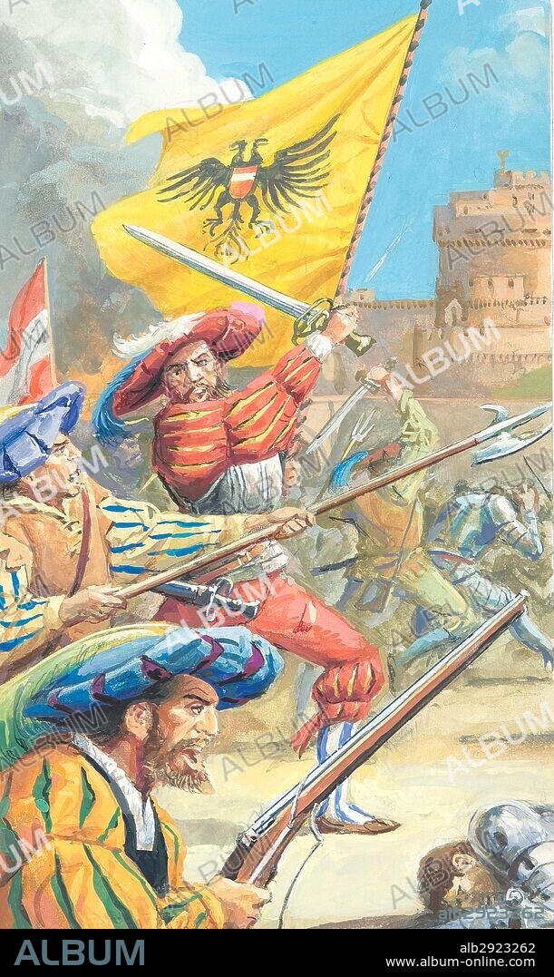 Creative illustration. History of Rome.  The Sack of Rome in 1527 was executed by some 6,000 Spaniards under the Duke, 14,000 Landsknechts under Georg von Frundsberg, some Italian infantry and some cavalry. The Sack of Rome on 6 May 1527 was a military event carried out by the mutinous troops of Charles V, Holy Roman Emperor in Rome, then part of the Papal States. It marked a crucial imperial victory in the conflict between Charles and the League of Cognac  the alliance of France, Milan, Venice, Florence and the Papacy. After the brutal execution of some 1,000 defenders of the Papal capital and shrines, the pillage began. Churches and monasteries, as well as the palaces of prelates and cardinals, were looted and destroyed.