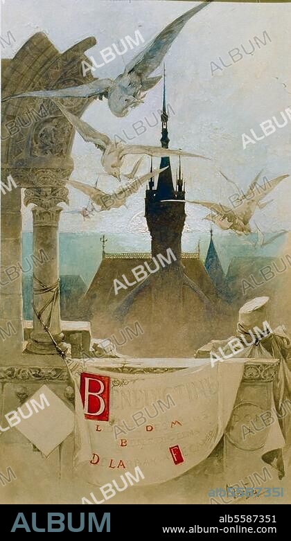 ALPHONSE MUCHA. Mucha, Alphonse. 1860-1939. Study for "Bénédictine". (Poster design for the herb-flavoured liqueur Bénédictine from the monastery Fécamp). Watercolour and pen on lead. 29.2 × 17.1cm. Hamburg, Museum für Kunst und Gewerbe.