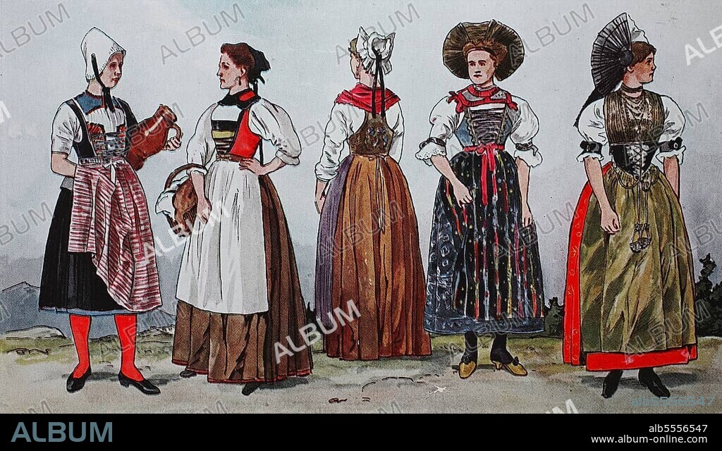 Mode, Trachten, Kleidung in der Schweiz zu Beginn des 19. Jahrhunderts, von links, Mädchen in alten Kleidern aus dem Büro Kronauer im Kanton Zürich, dann Tracht aus dem Kanton Zürich, zweimal aus dem Kanton St. Gallen und einmal aus Appenzell, Inner-Rhoden, digital verbesserte Reproduktion einer Illustration aus dem 19. Jahrhundert.