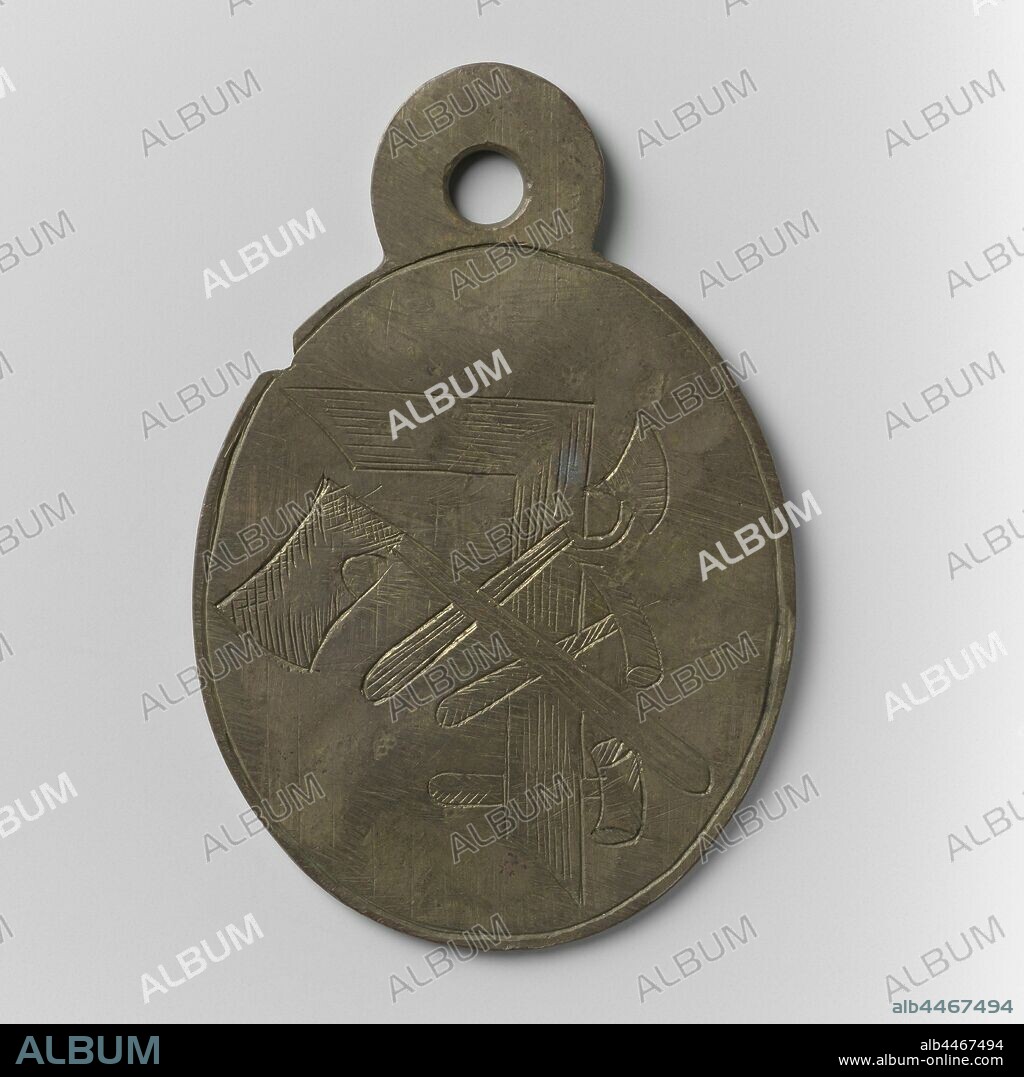 Carpenters, masons, plumbers, stonemasons and street makers guild from 's-Hertogenbosch, guild token by Frans van Mosseveld, Brass oval medallion to the eye. Front: snag, ax, trowel, plumbing and stonemason's hammer united to form a trophe. Reverse: inscription under stylized flower or crown, above date separated by shaded zigzag line, 's-Hertogenbosch, Jan van Summeren, anonymous, s Hertogenbosch, 1796, brass (alloy), engraving, h 5.7 cm × w 3.9 cm × w 12.67 gr.
