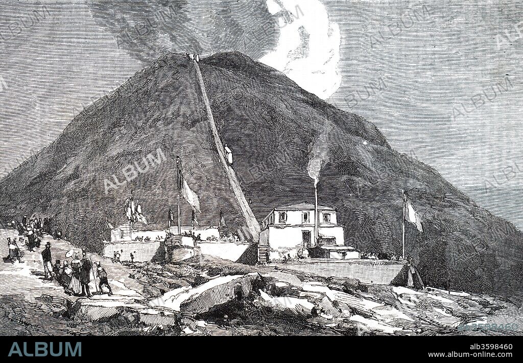 Illustration depicting the inauguration of the Vesuvius funicular railway. Dated 19th century.