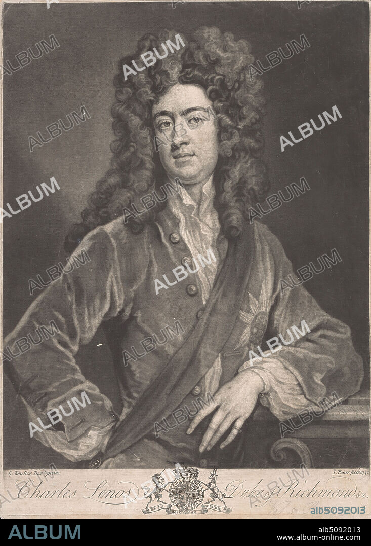 Charles Lennox, 1st Duke of Richmond, John Faber the Younger, ca. 16951756, Netherlandish, active in Britain, after Sir Godfrey Kneller, 16461723, German, active in Britain (from 1676), 1731, Mezzotint on medium, slightly textured, cream, laid paper, Sheet: 14 1/8 × 10 3/16 inches (35.9 × 25.9 cm), Plate: 13 7/8 × 10 inches (35.2 × 25.4 cm), and Image: 12 5/8 × 9 5/16 inches (32.1 × 23.7 cm).